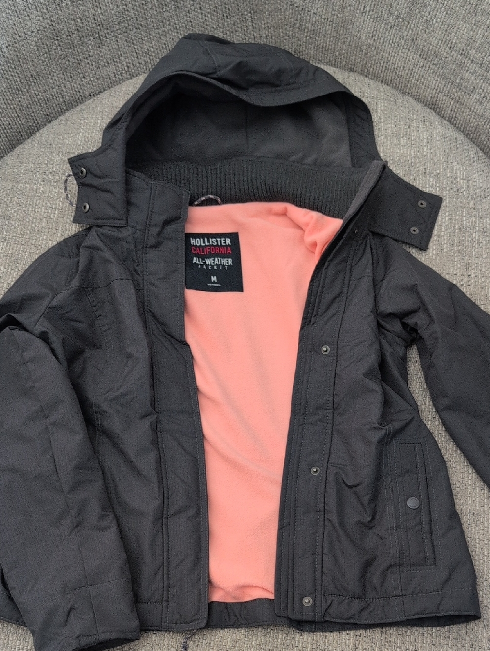 Hollister All Weather Gray Hooded Jacket with Coral Pink Lining